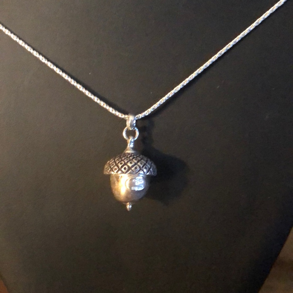 Large Acorn sterling silver necklace made by Spruce Mountain.